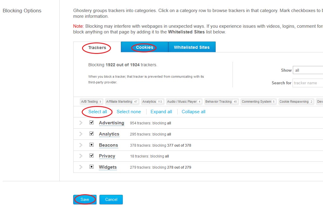 Block all Trackers and Cookies